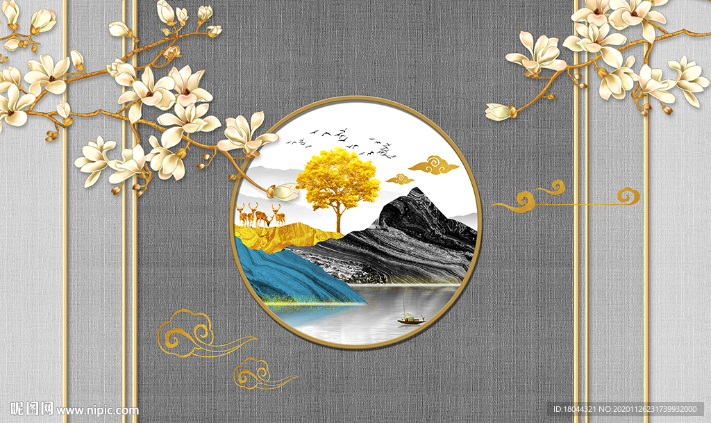 中式山水画玉兰花电视背景墙