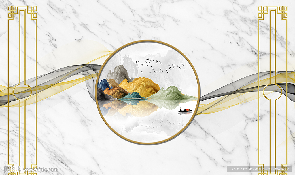 中式轻奢爵士白山水画电视背景墙