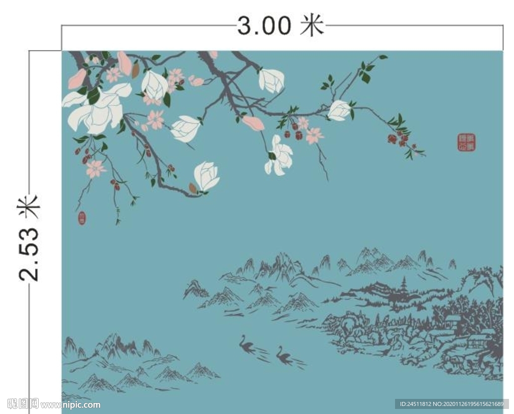 山水 白玉兰 鸟 电视背景墙