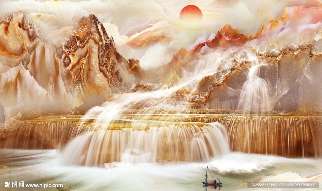 山水瀑布大理石电视背景墙