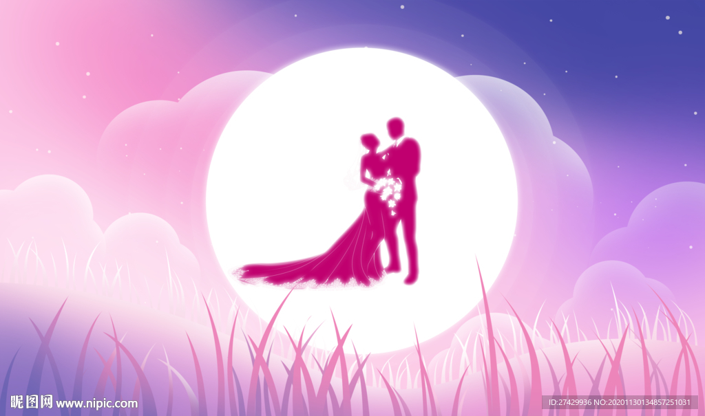情侣圆月天空草丛背景墙壁画