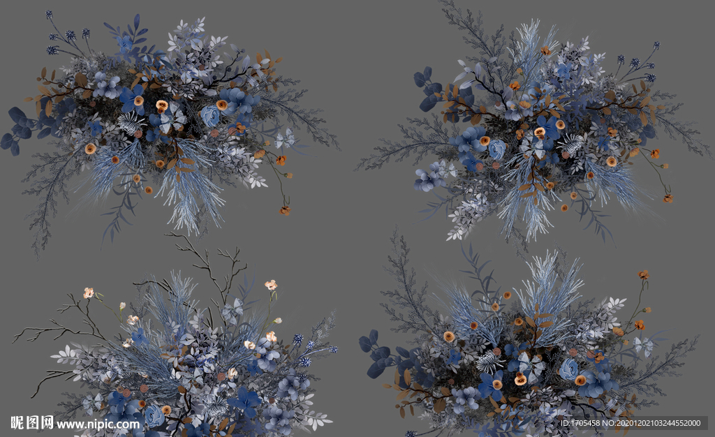 莫兰迪蓝婚礼手绘花艺