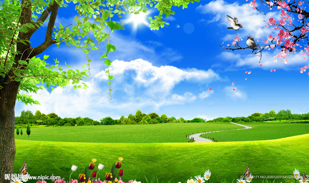 蓝天白云草地草坪田园自然风景画