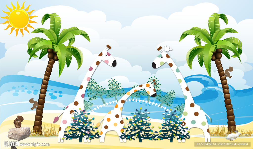 卡通长颈鹿海边椰树儿童房背景墙