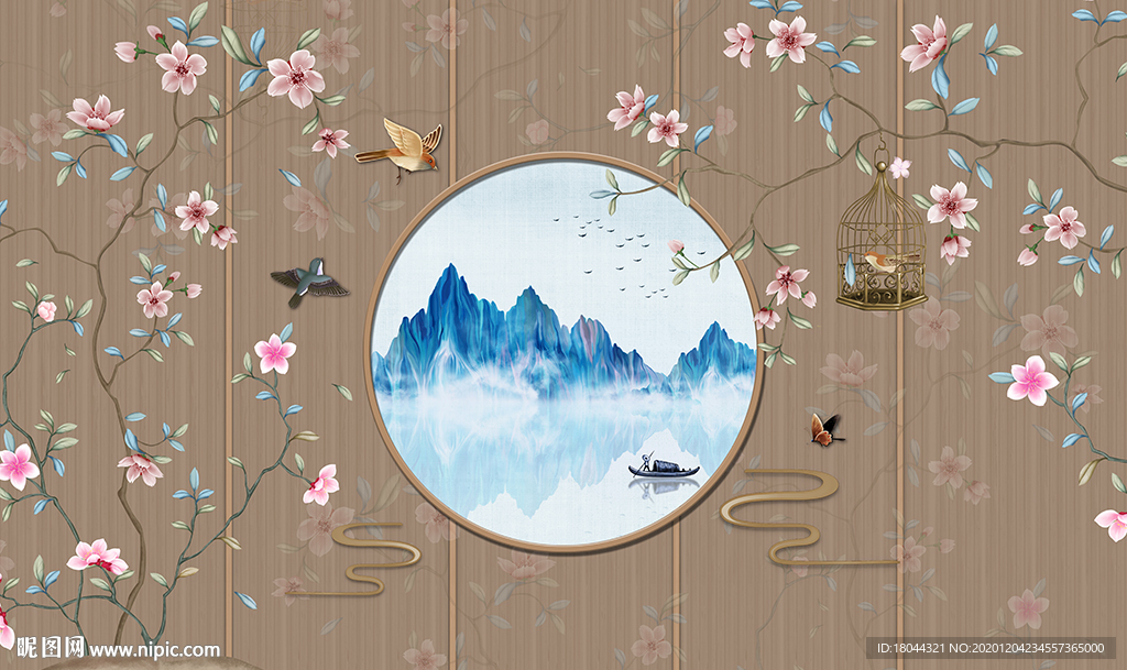 新中式山水花鸟电视背景墙