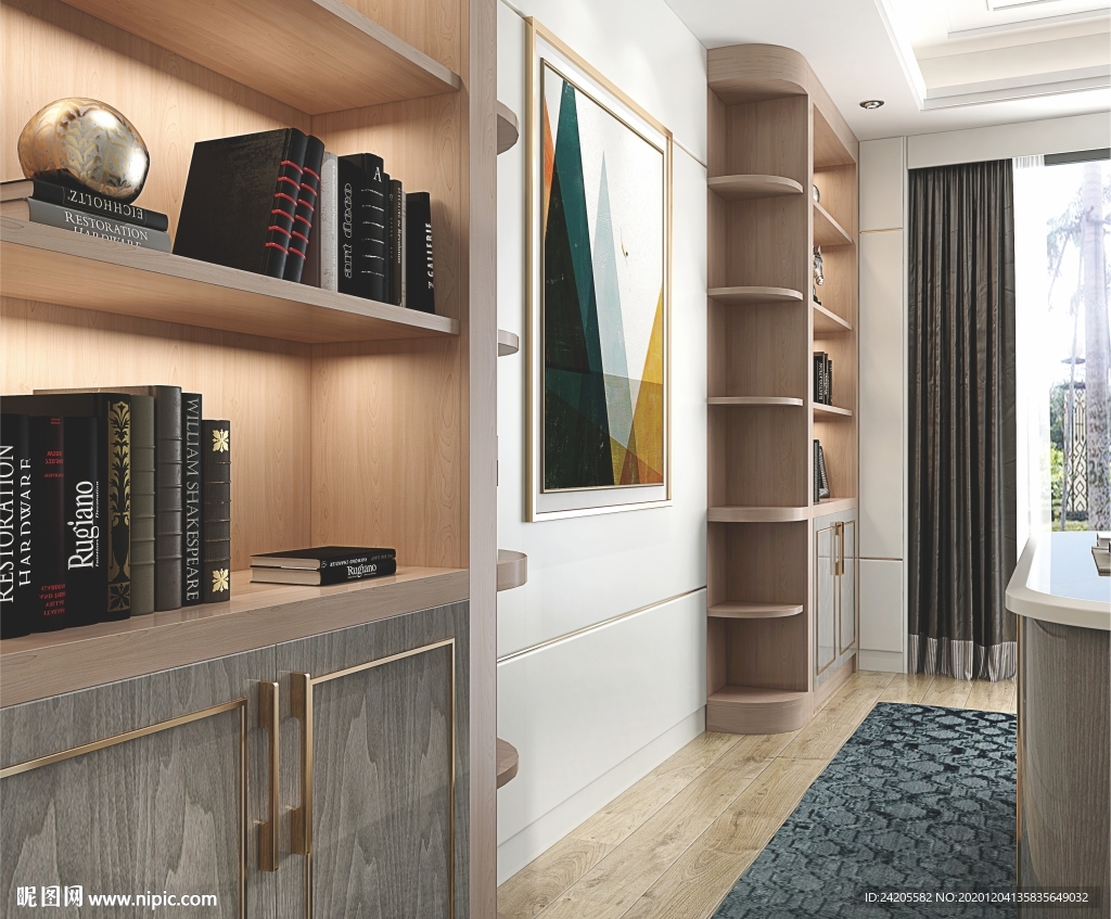 全屋定制镶金条板式书柜书房图