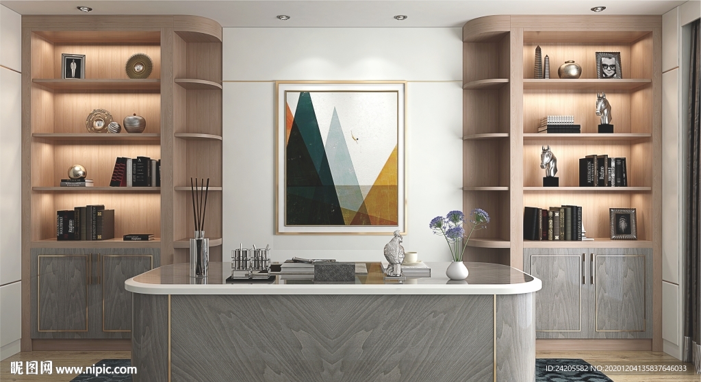 全屋定制镶金条板式书柜书房图