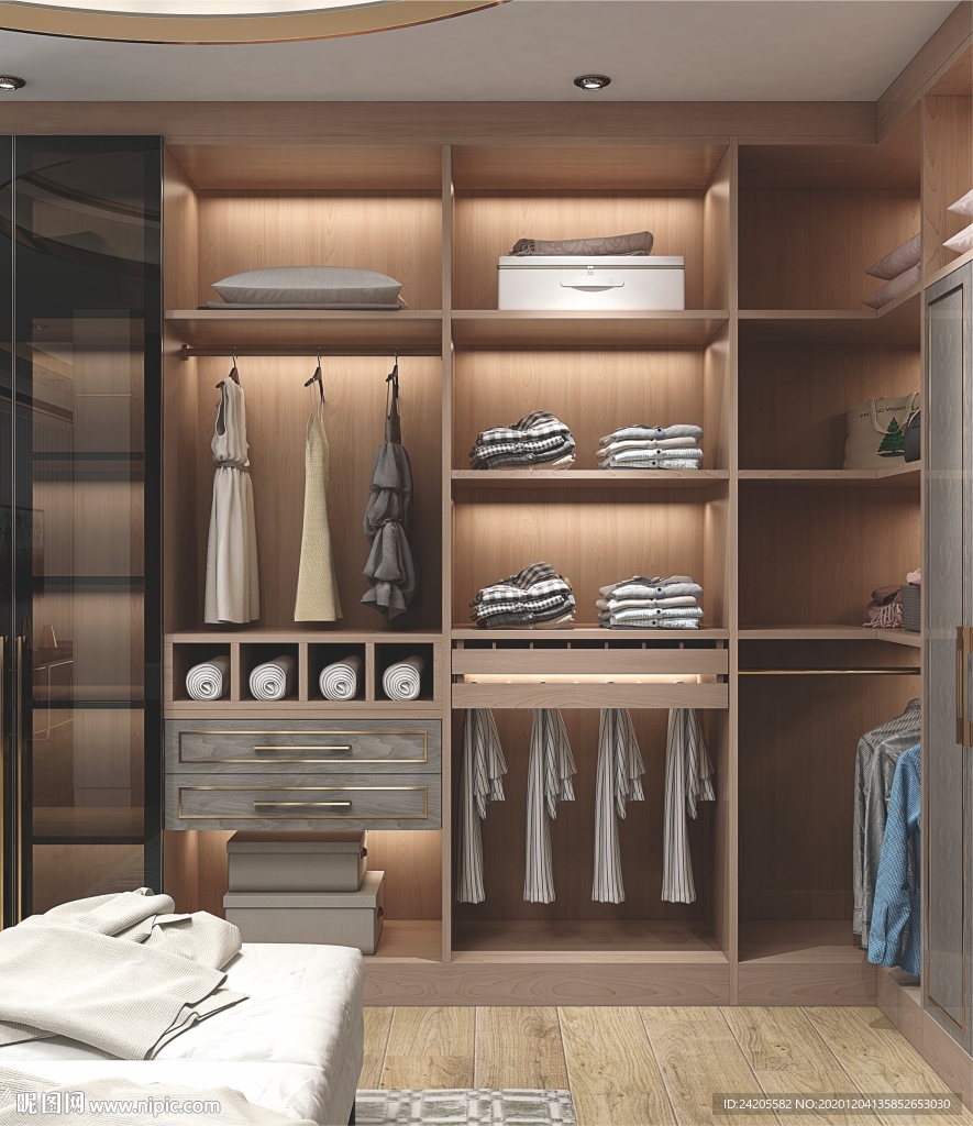 全屋定制镶金条板式衣帽间图