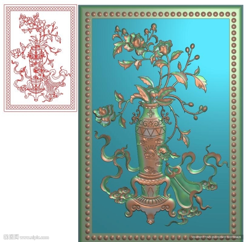 博古仿古花瓶门板精雕图浮雕灰度