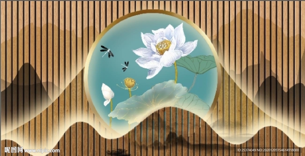 蜻蜓 背景墙 新中式 圆形 木