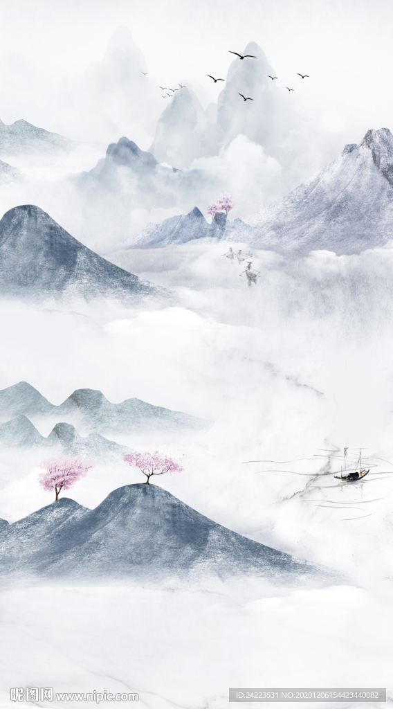 新中式意境水墨山水玄关复式背景