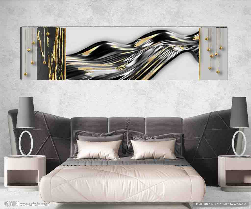 北欧风烁金抽象金色水墨床头画