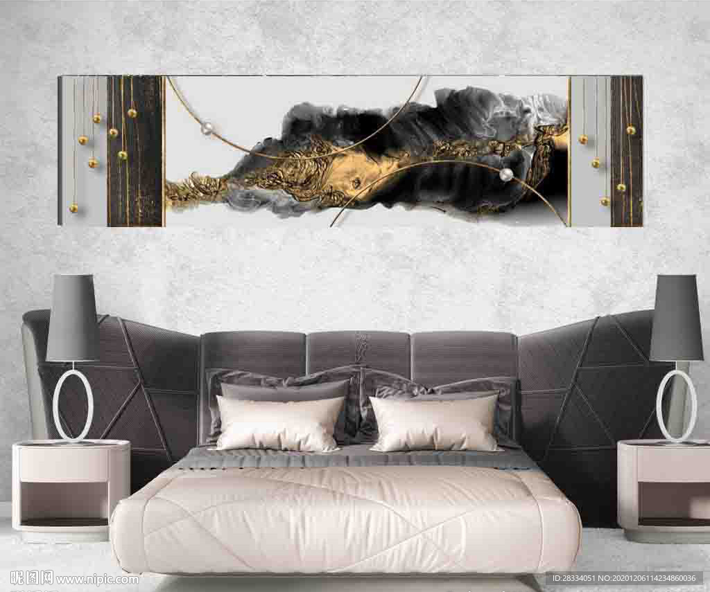 北欧风烁金抽象金色水墨床头画