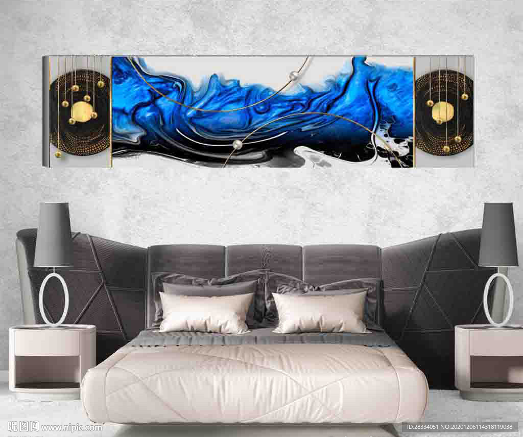 北欧风烁金抽象蓝色水墨床头画