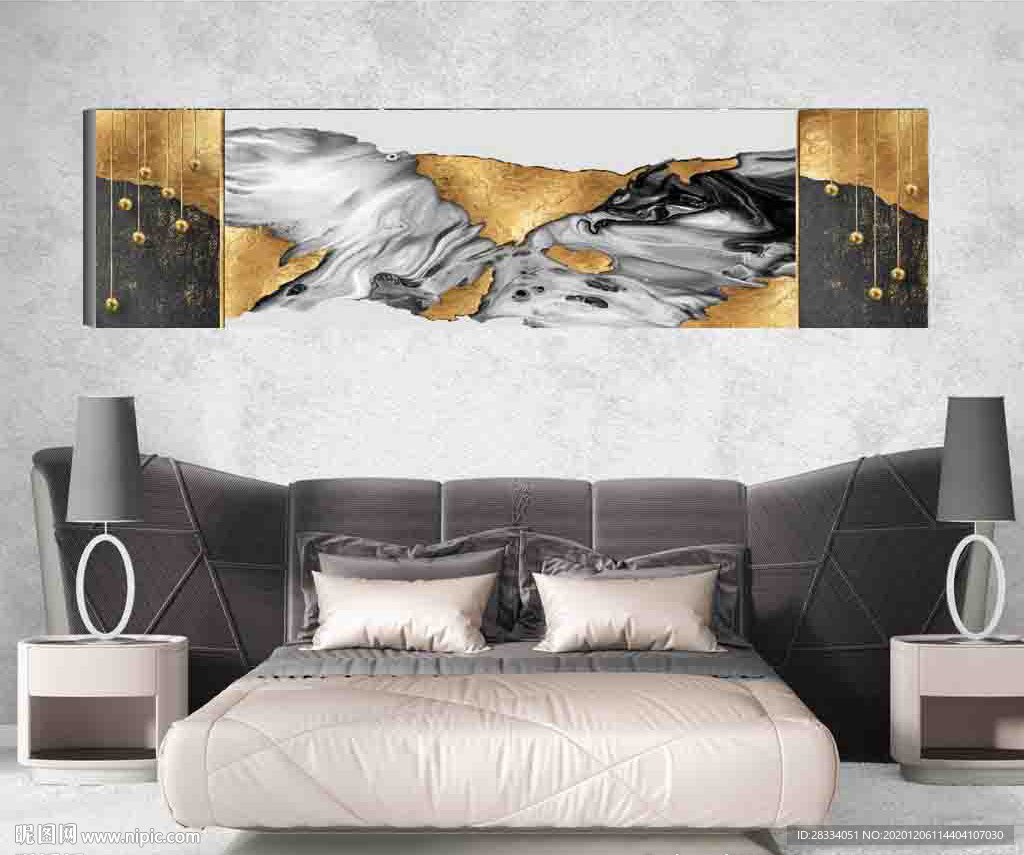 北欧风烁金抽象金色水墨床头画