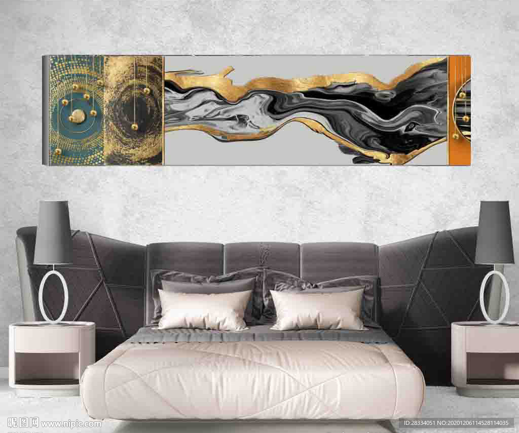 北欧风烁金抽象金色水墨床头画