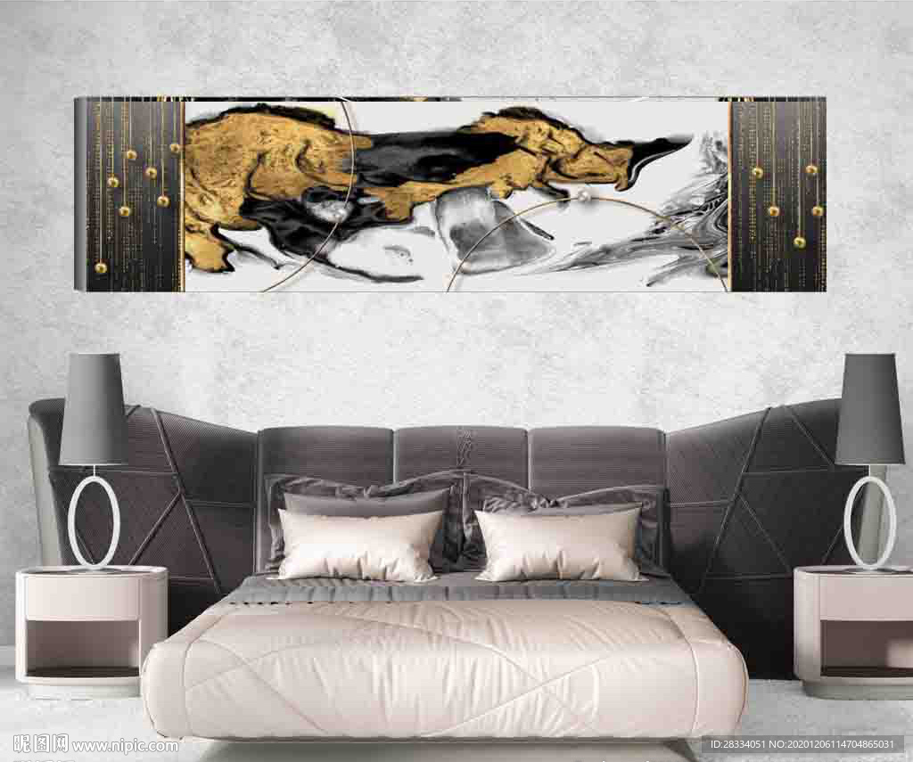 北欧风烁金抽象金色水墨床头画