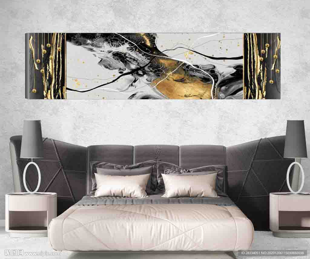 北欧风烁金抽象金色水墨床头画