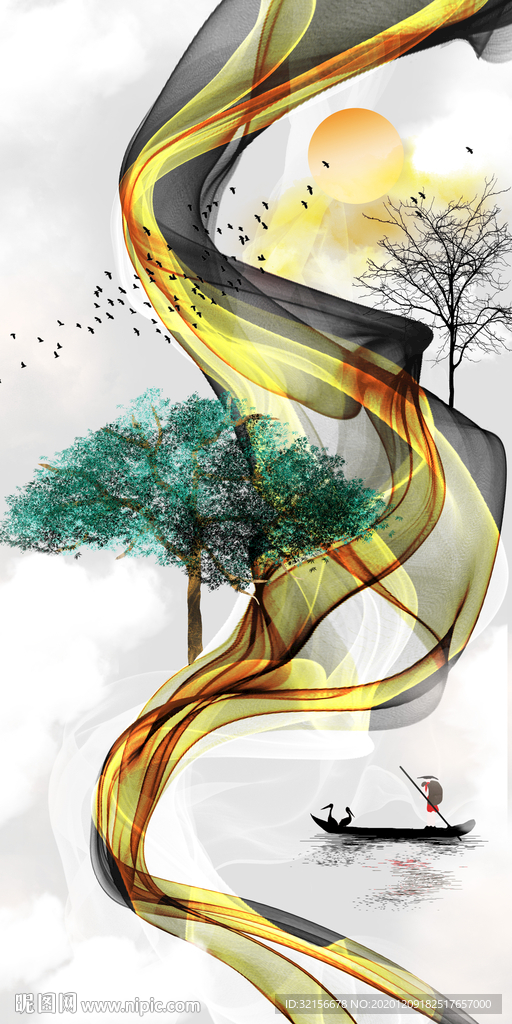 线条发财树玄关装饰画