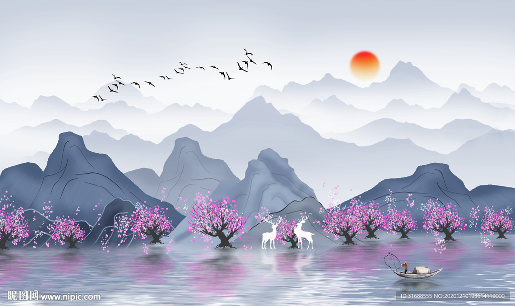 新中式水墨山水背景墙