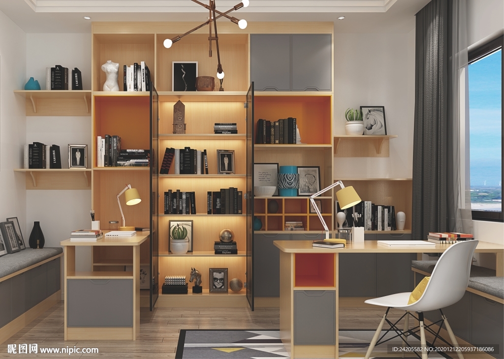 全屋定制简约板式书房书柜