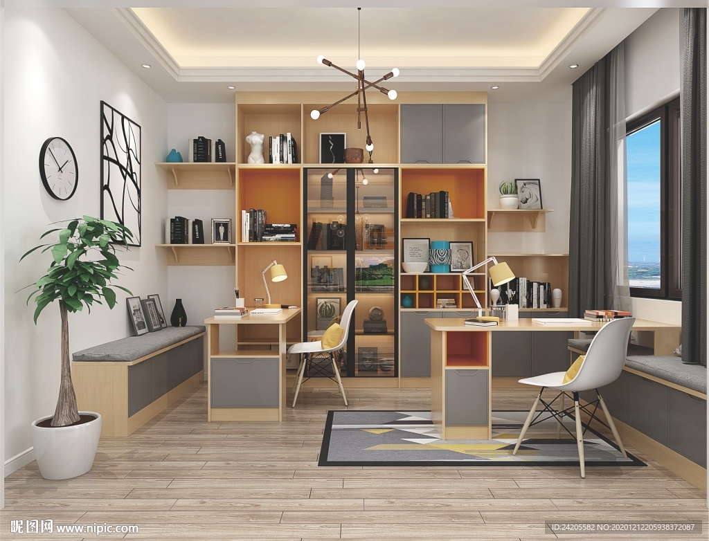 全屋定制简约板式书房书柜