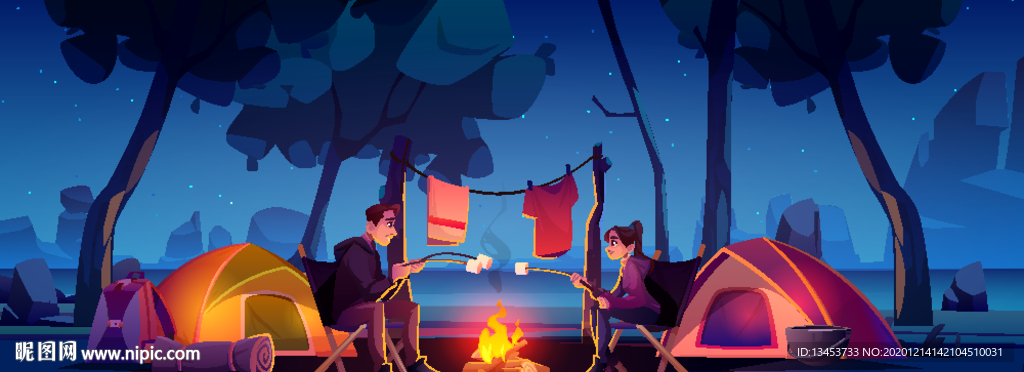 夜晚树林露营烧烤插画