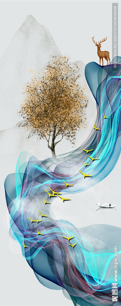 北欧麋鹿发财树 抽象彩条 高清