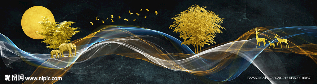 北欧麋鹿 抽象线条 月亮 大象