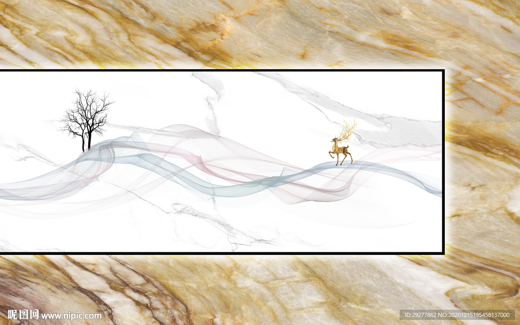 麋鹿悬空背景墙画 TIF分层