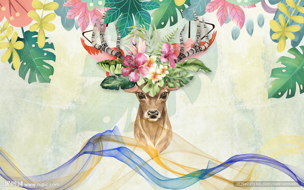 麋鹿 欧式背景墙画 TIF分层