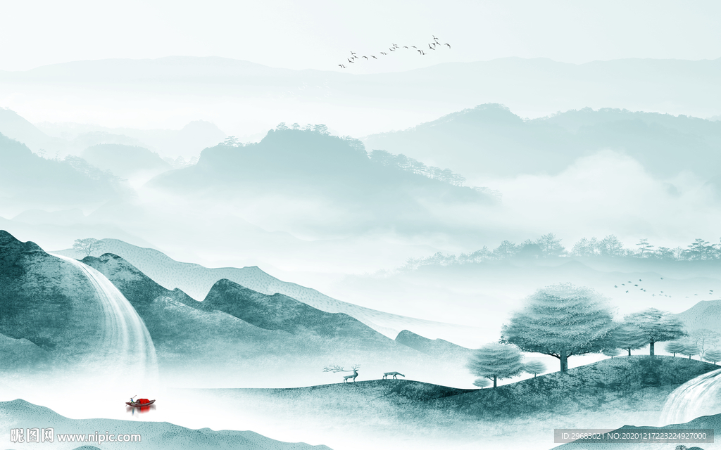 蓝色新轻奢山水画 tif分层