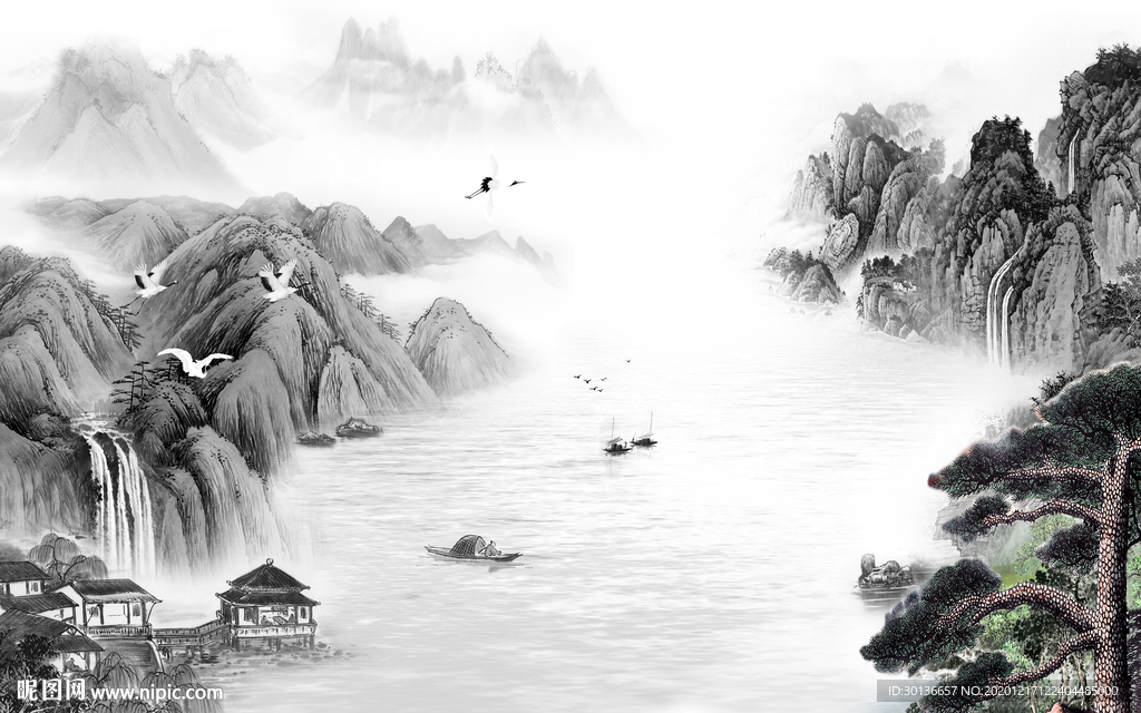 黑白灰唯美中式山水 TIF分层