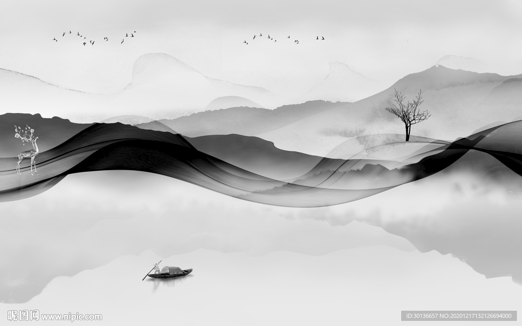 现代唯美中式山水 TIF分层