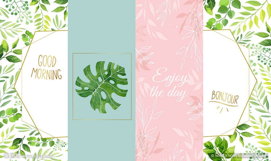 绿色树叶轻奢线条小清新背景墙