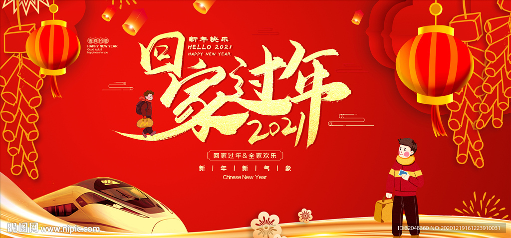 红色喜庆回家过年牛年春节展板