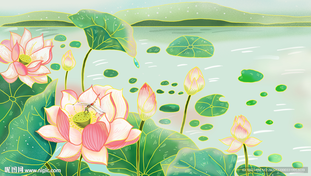 手绘国潮荷花插画