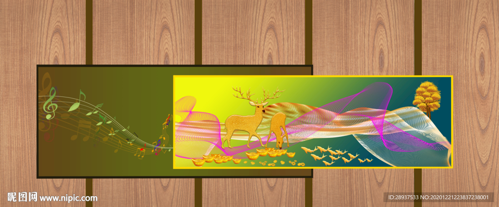 原创梅花鹿彩条发财树背景墙