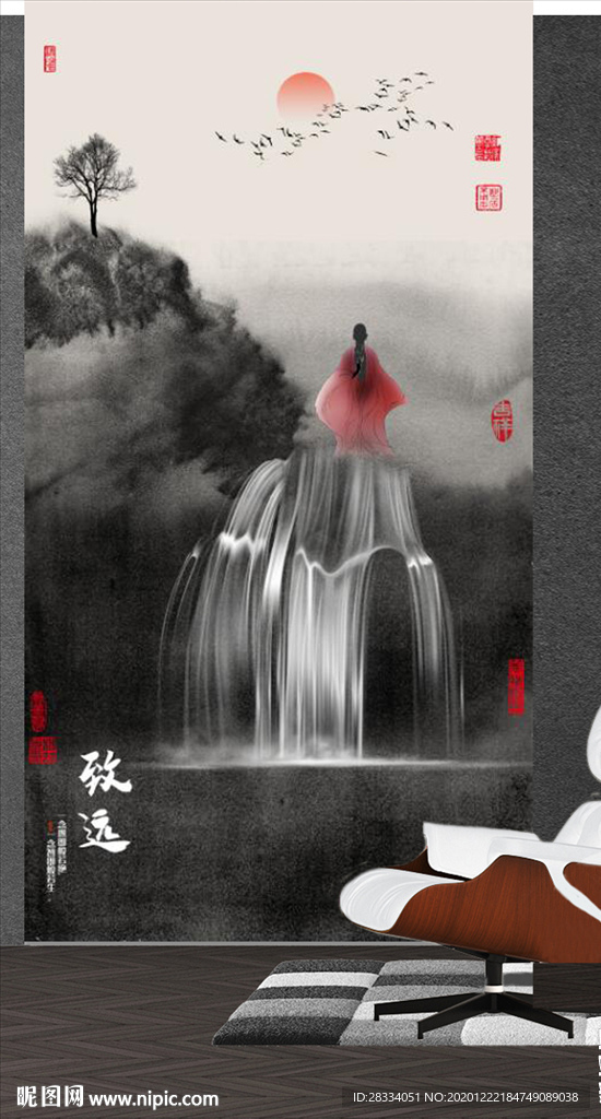 新中式抽象水墨山水风景玄关装饰