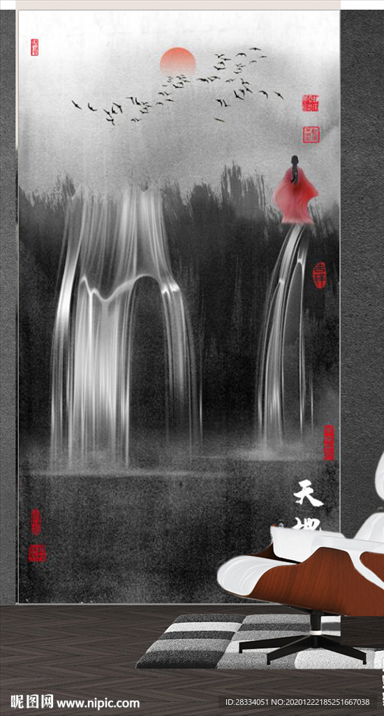 新中式抽象水墨山水风景玄关装饰