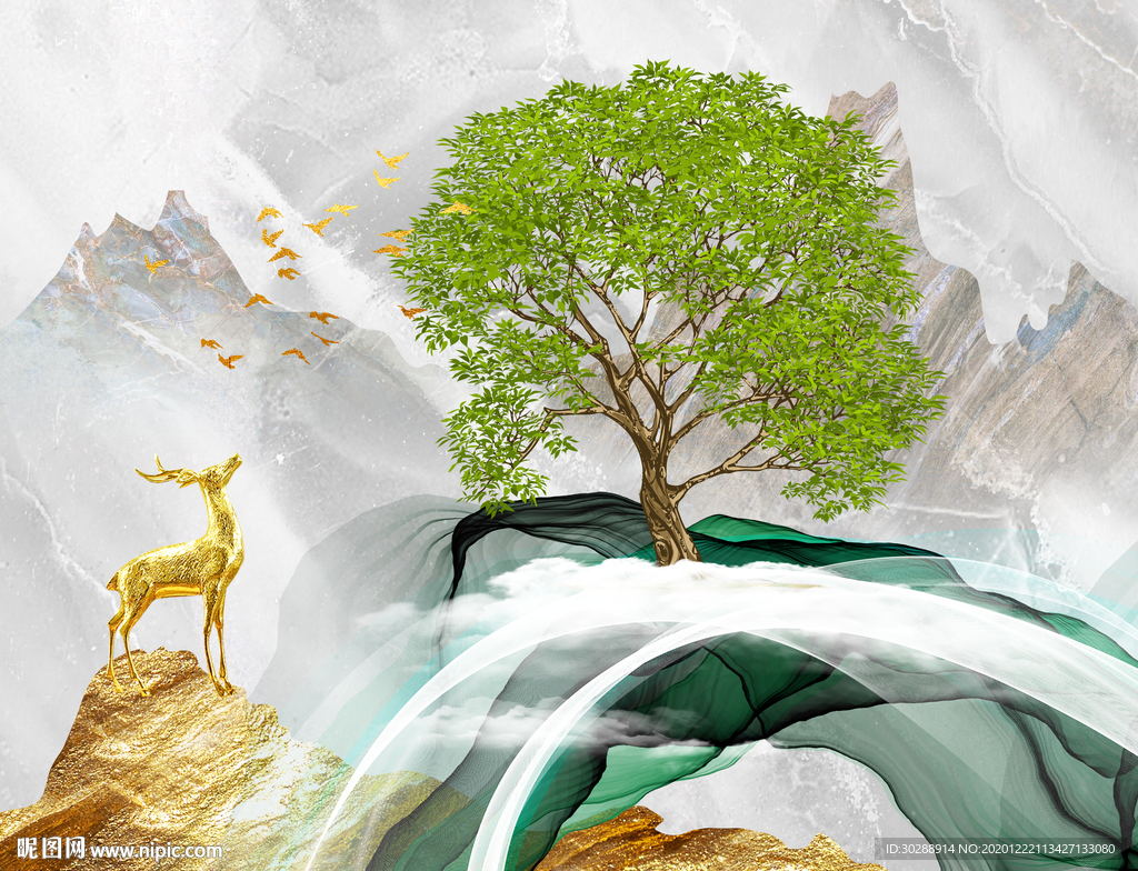 山水发财树晶瓷画电表箱画