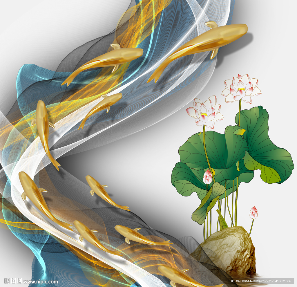 荷花九鱼图晶瓷画