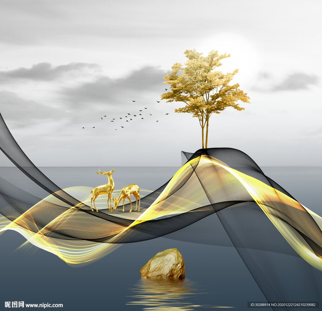 线条山水石来运转电表箱画