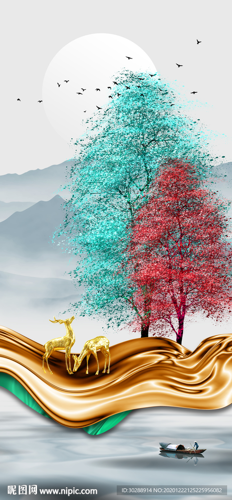 发财树山水玄关画