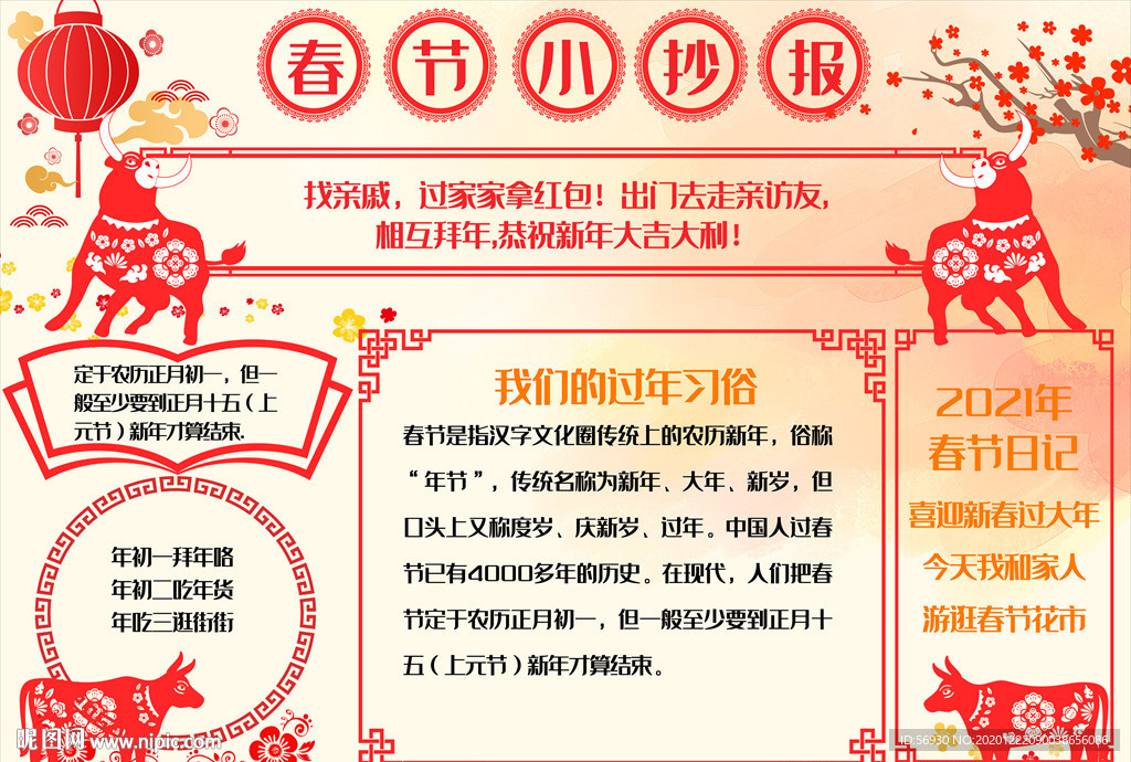 2021牛年剪纸风格手抄报