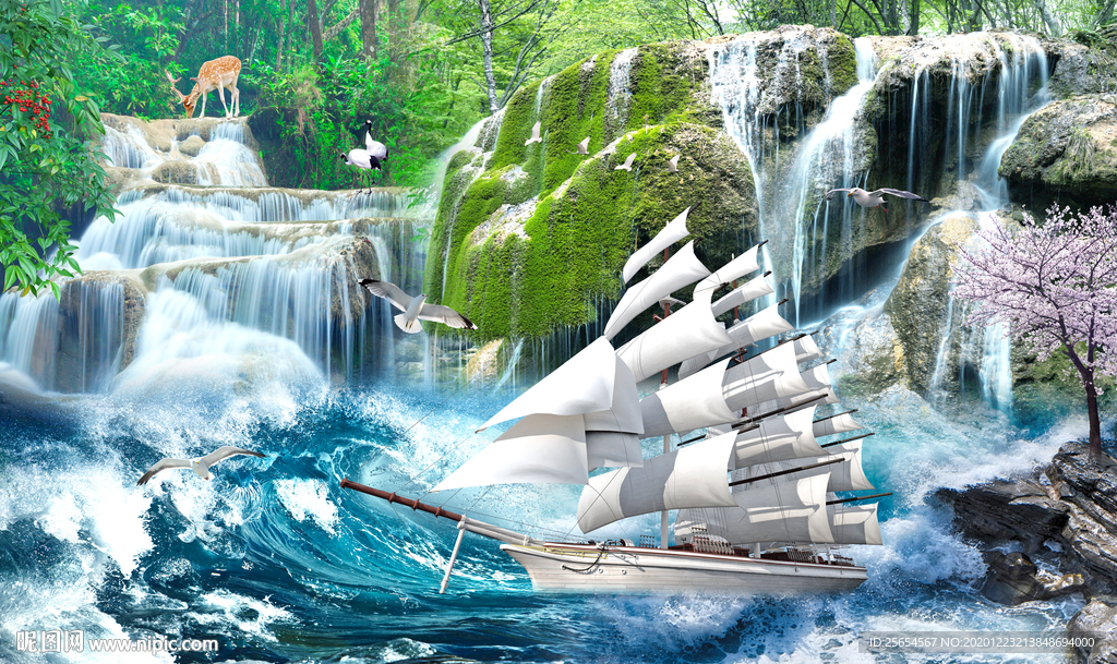 流水生财一帆风顺电视背景墙