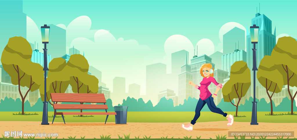 在城市背景里的公园跑步