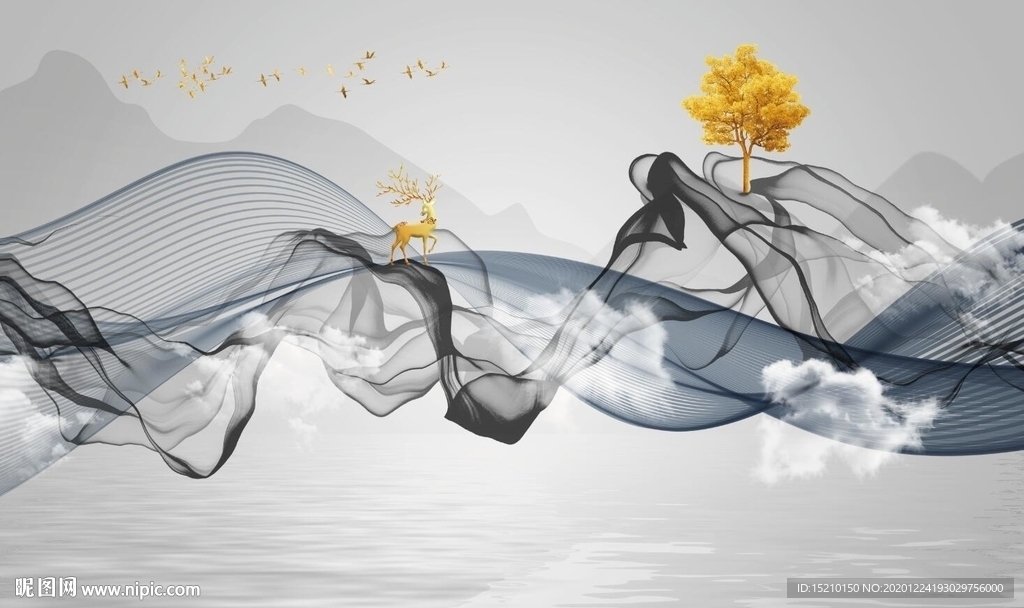 水墨山水抽象树电视背景墙