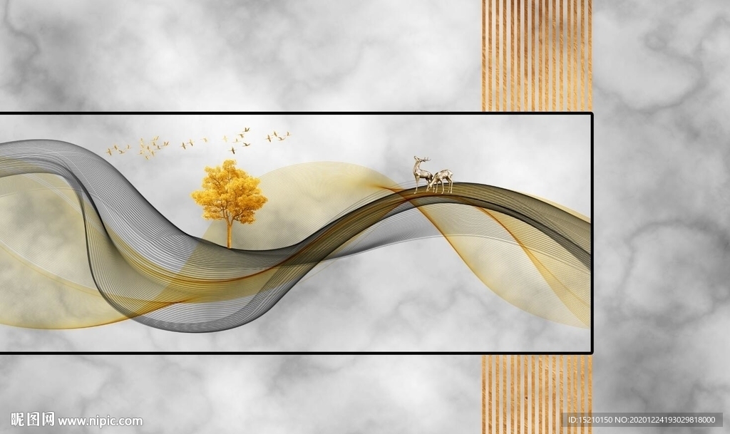 金色线条抽象树电视背景墙