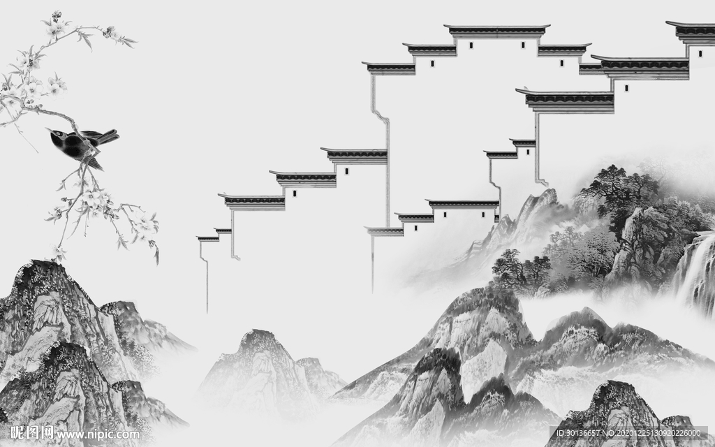 徽派 灰色别墅山水 TIF分层